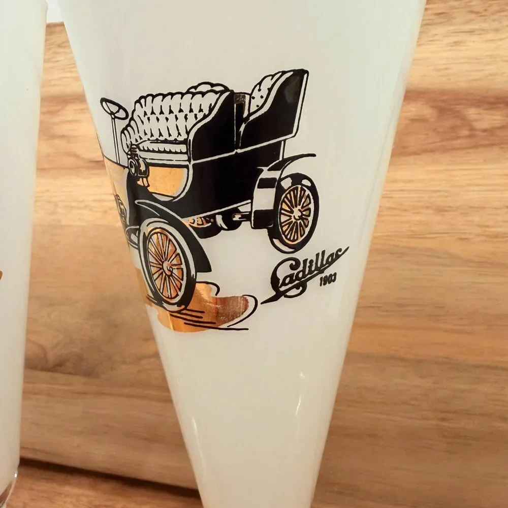 Set of 4 White Painted Pilsner‎ Car Glasses Buick Oldsmobile Cadillac Rambler